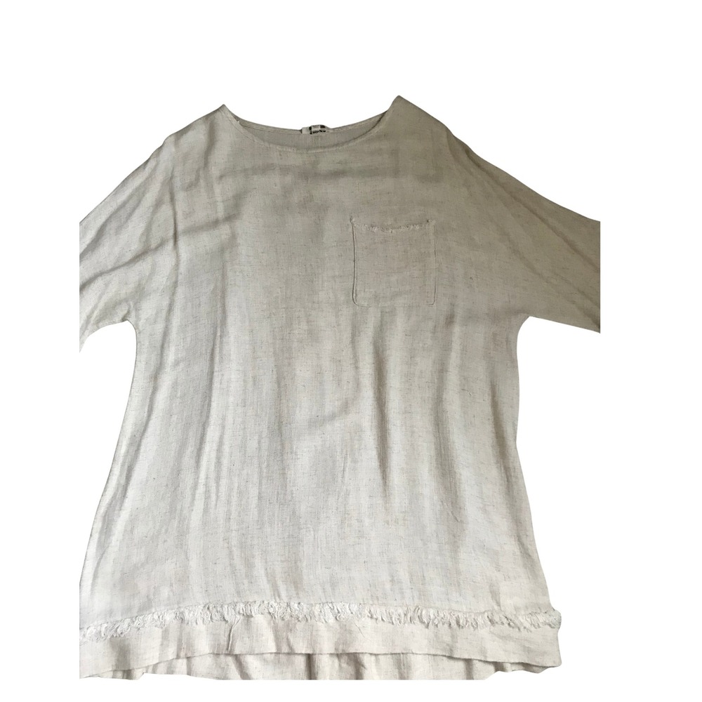 Umgee Women Beige Linen Blend Fringe Trim Tulip Back Tunic Top A6023 Small